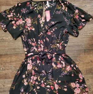 Xhilaration Black Floral Belted Wide Leg Jumpsuit